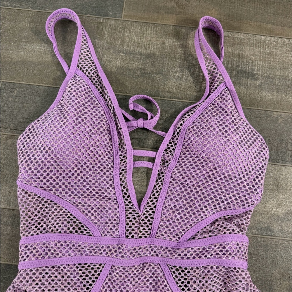 NEW BECCA  Mesh Plunge Neck One Piece Purple Swimsuit - Picture 3 of 8